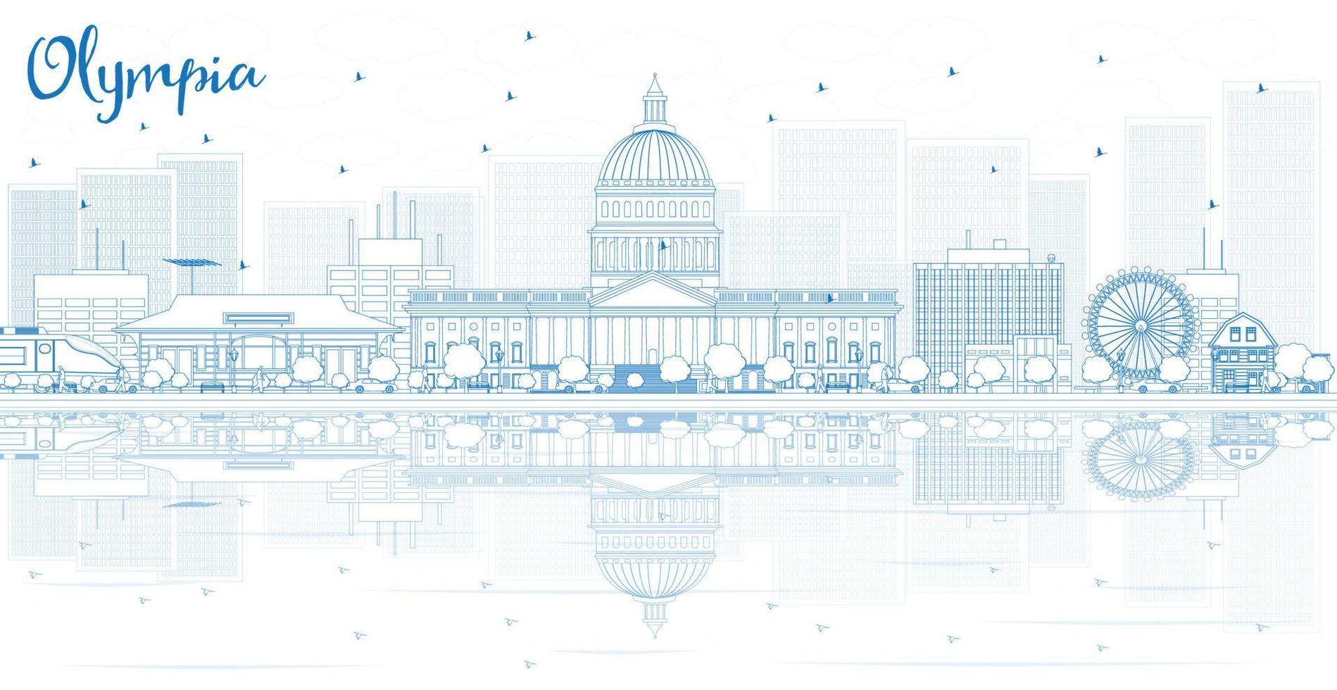 Outline Olympia skyline with blue buildings and reflections. vector