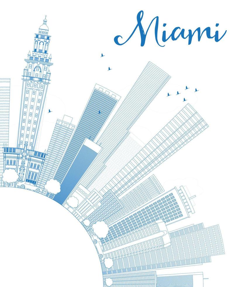 delinee el horizonte de miami con edificios azules y copie el espacio. vector