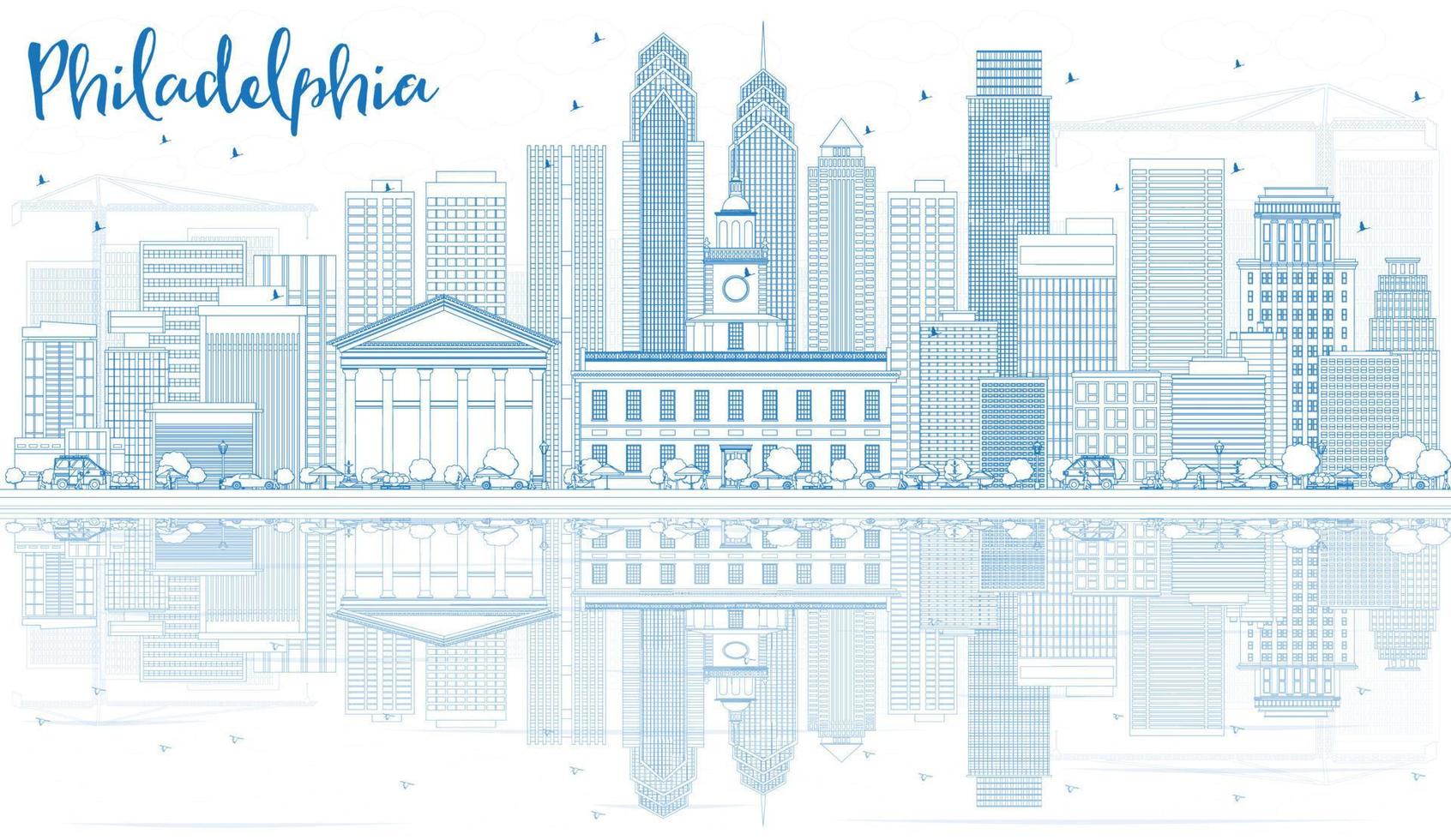 Outline Philadelphia Skyline with Blue Buildings and Reflections. vector