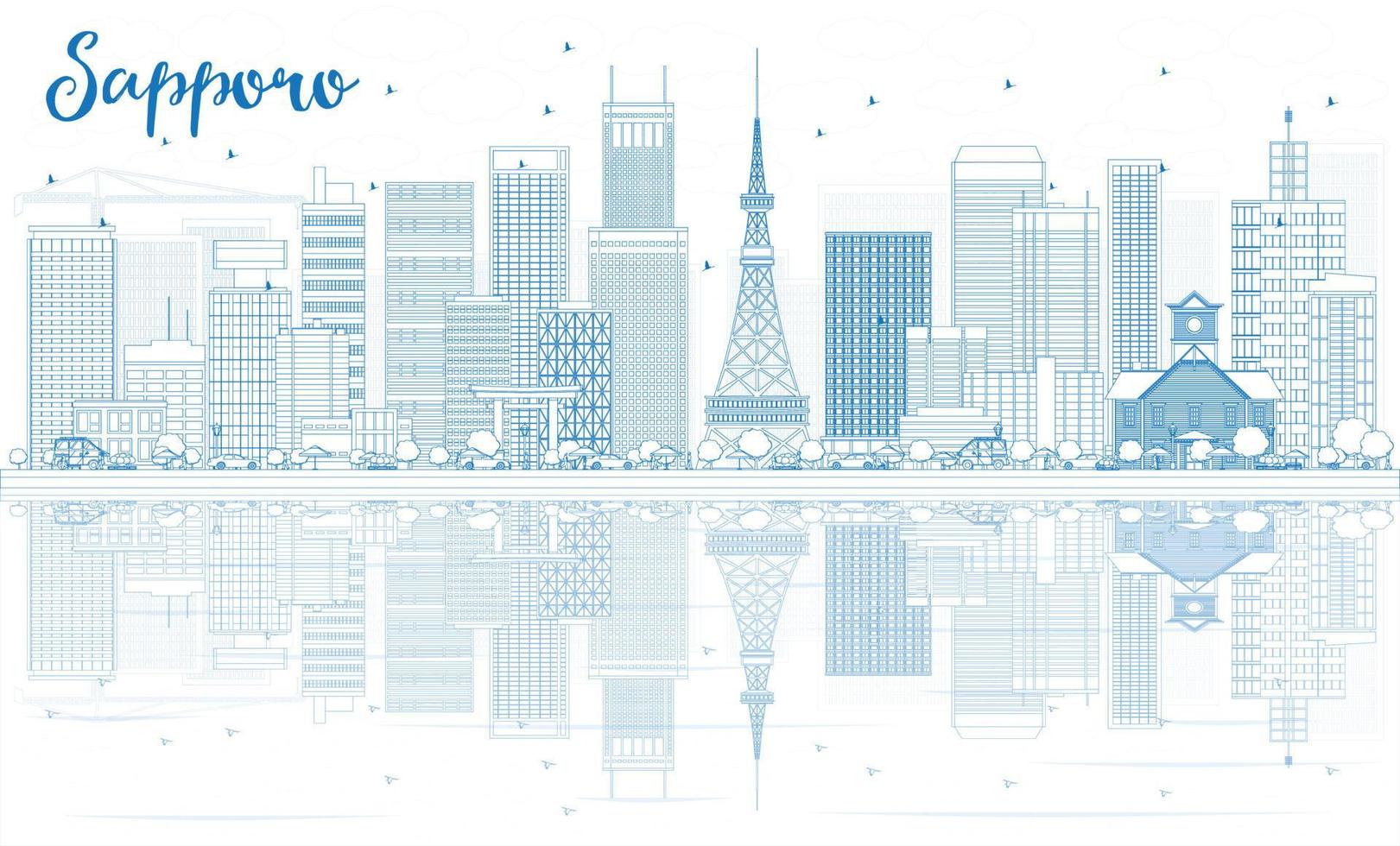 delinear el horizonte de sapporo con edificios azules y reflejos. vector