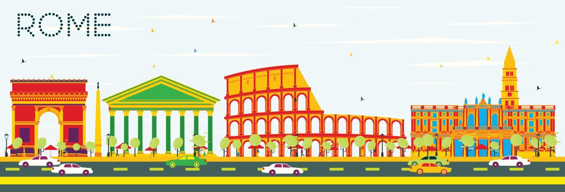 Rome Skyline with Color Buildings and Blue Sky. vector