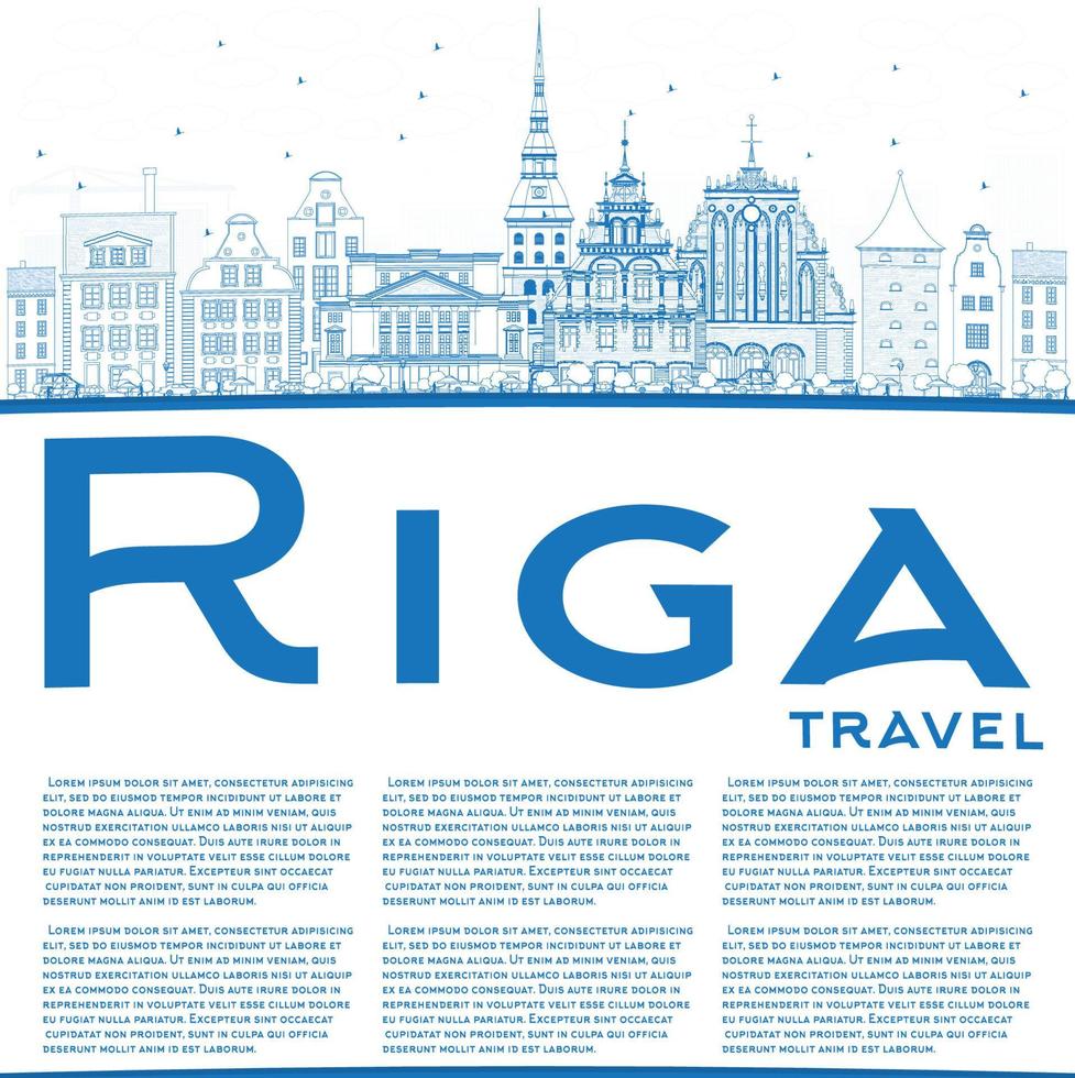 Outline Riga Skyline with Blue Landmarks and Copy Space. vector