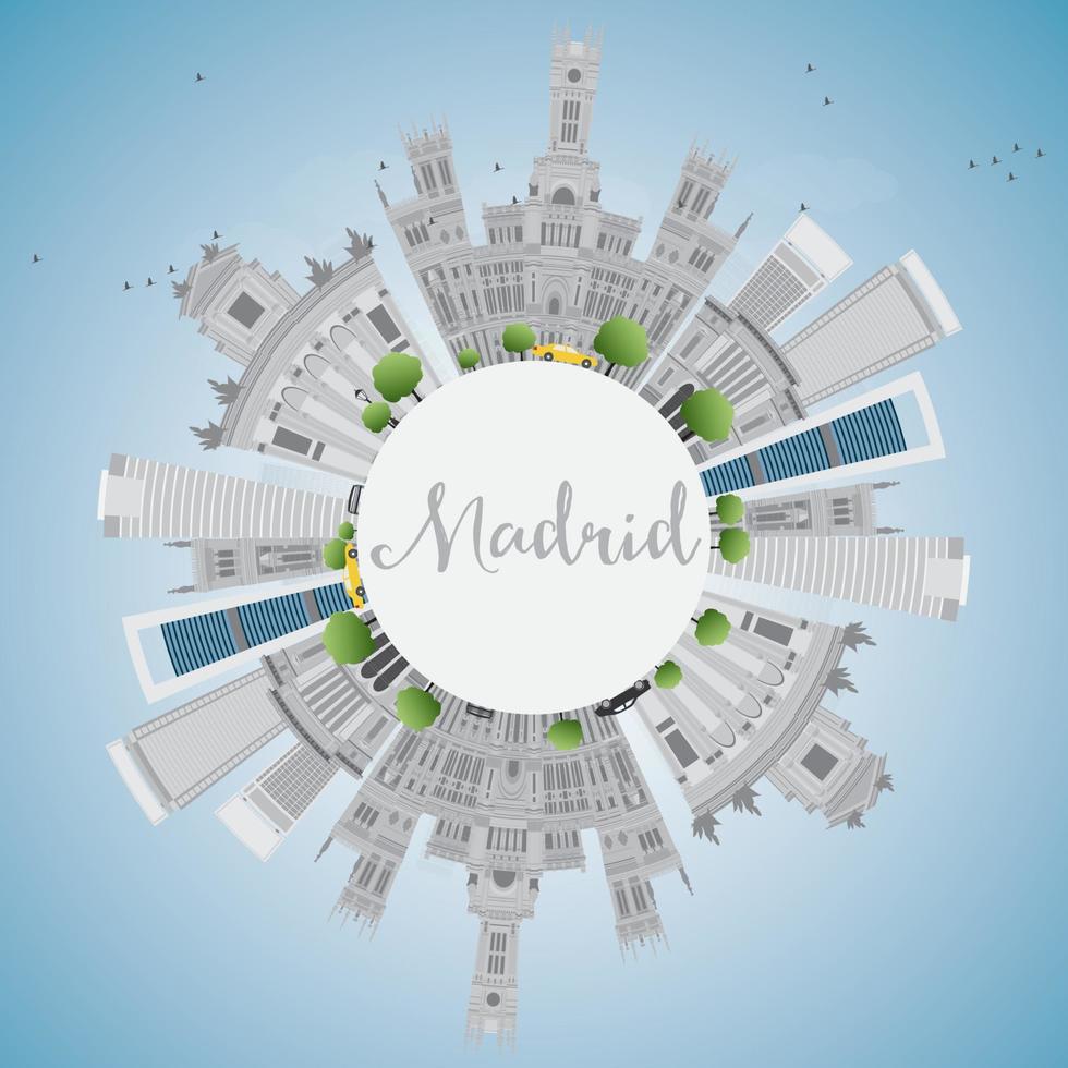 Madrid Skyline with Gray Buildings, Blue Sky and Copy Space. vector