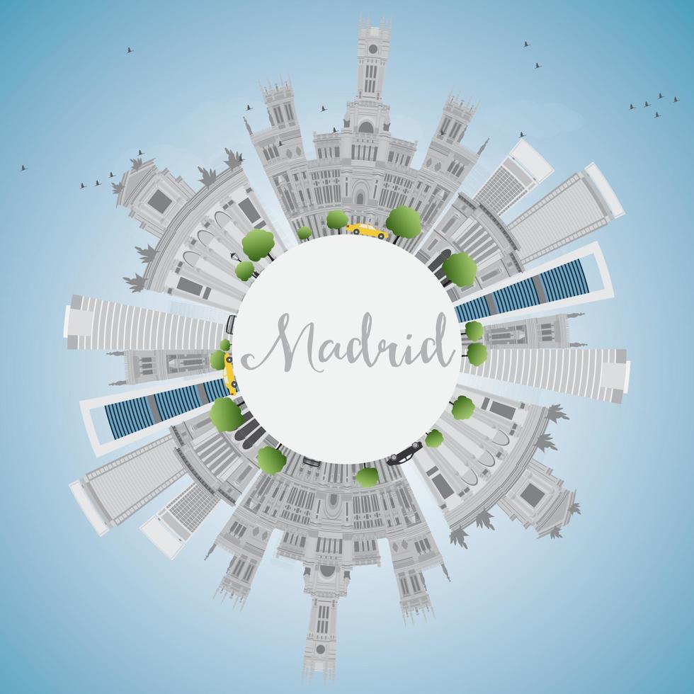 Madrid Skyline with Gray Buildings, Blue Sky and Copy Space. vector