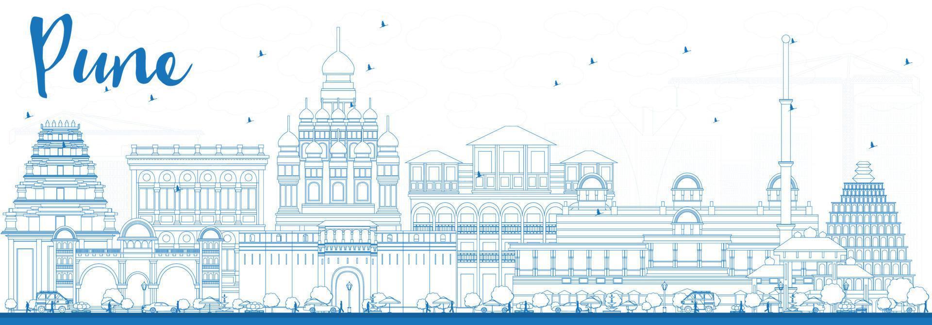 Outline Pune Skyline with Blue Buildings. vector