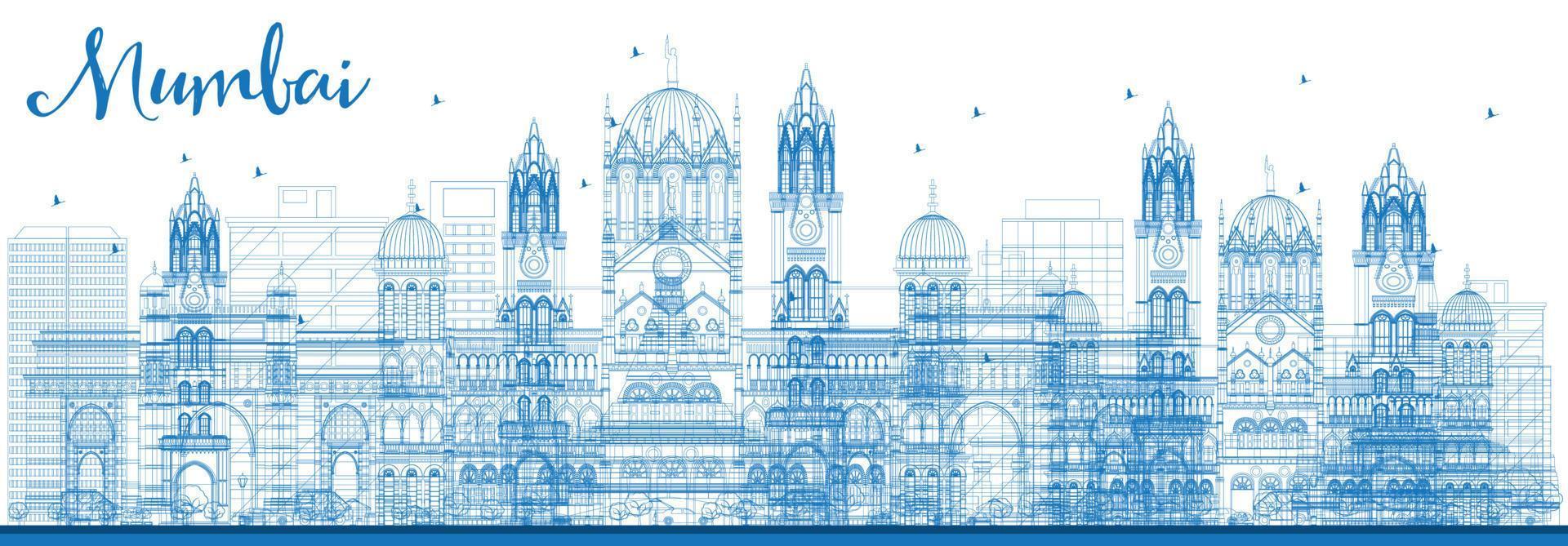 Outline Mumbai Skyline with Blue Landmarks. vector