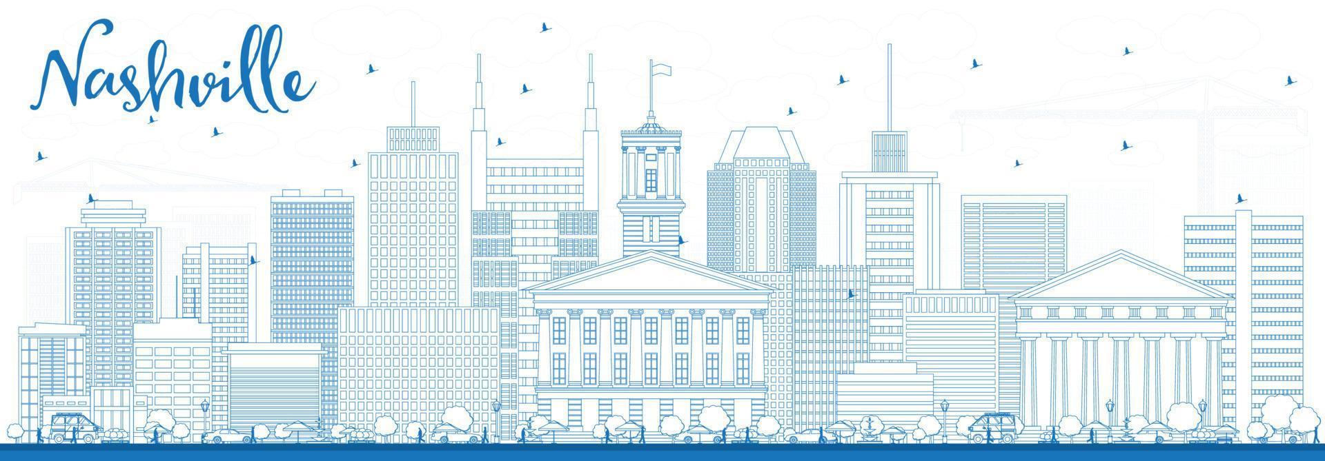 Outline Nashville Skyline with Blue Buildings. vector