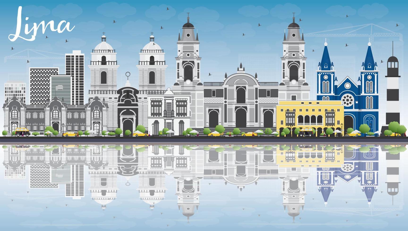 Lima Skyline with Gray Buildings, Blue Sky and Reflections. vector