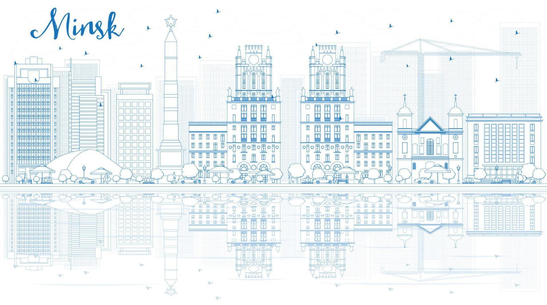 Outline Minsk skyline with blue buildings and reflections. vector