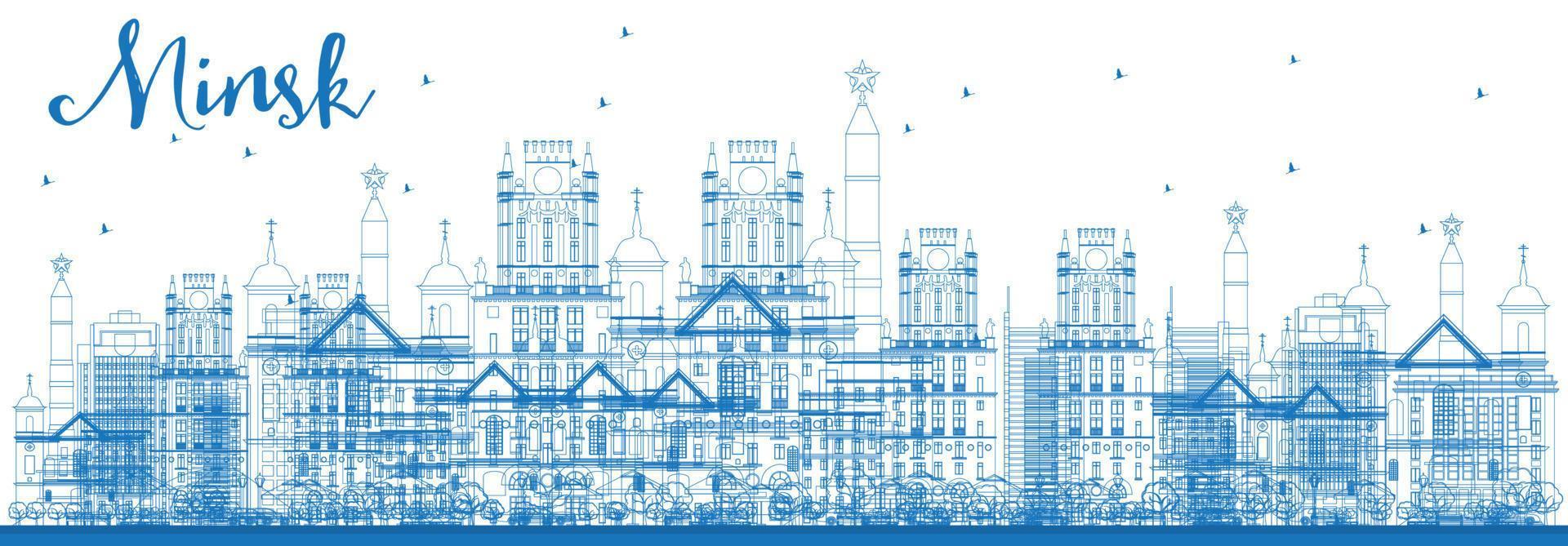 Outline Minsk skyline with blue buildings. vector