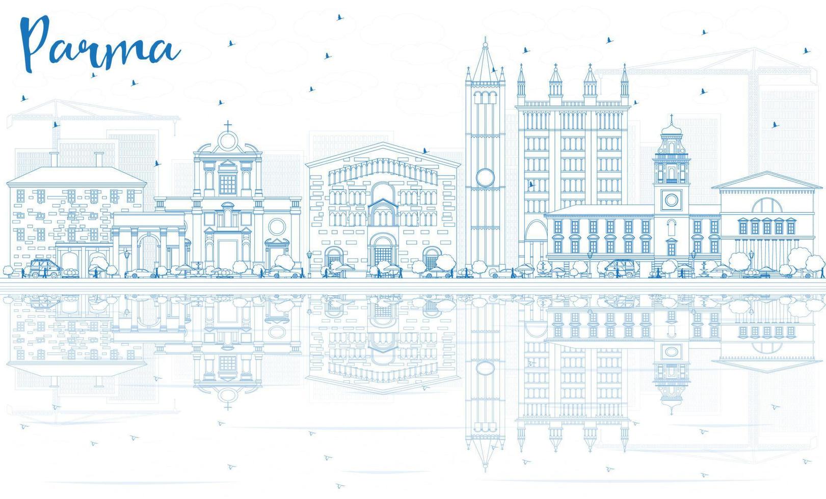 Outline Parma Skyline with Blue Buildings and Reflections. vector