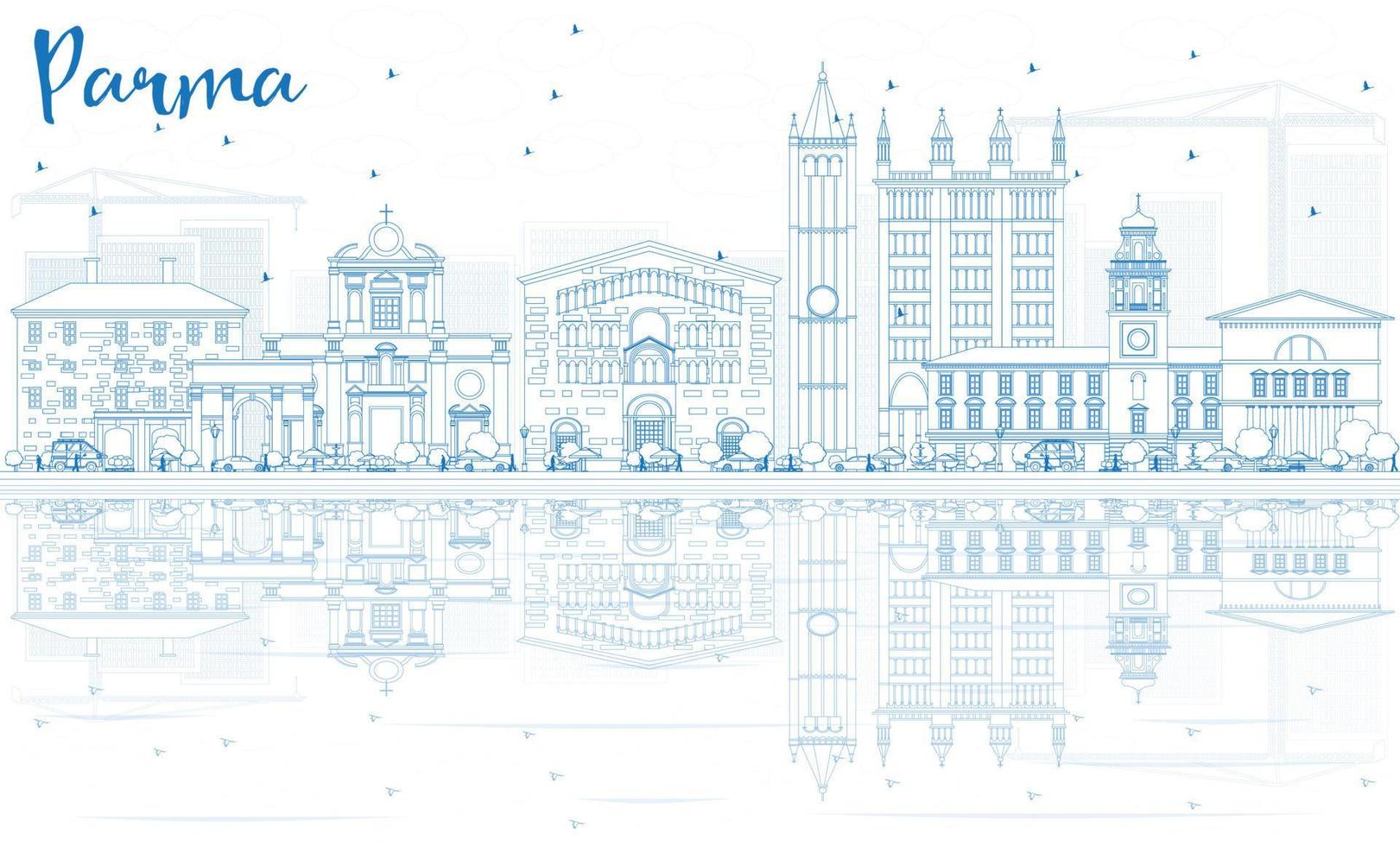 esboza el horizonte de parma con edificios azules y reflejos. vector