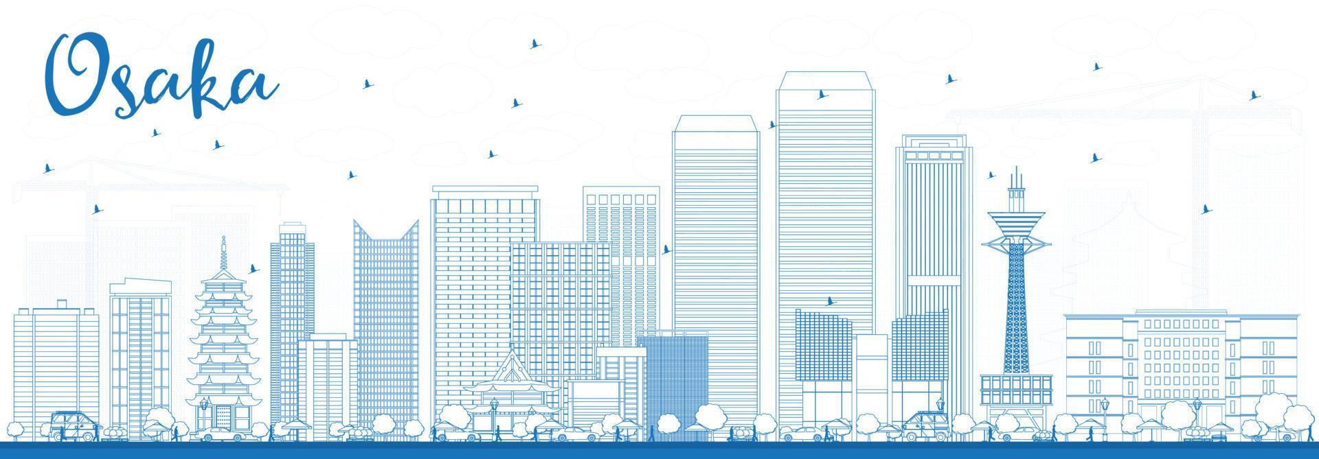 delinear el horizonte de osaka con edificios azules. vector