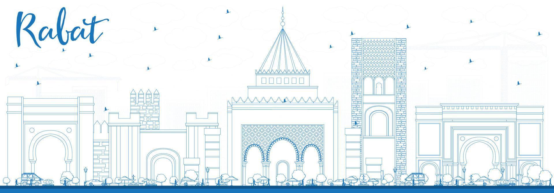 Outline Rabat Skyline with Blue Buildings. vector