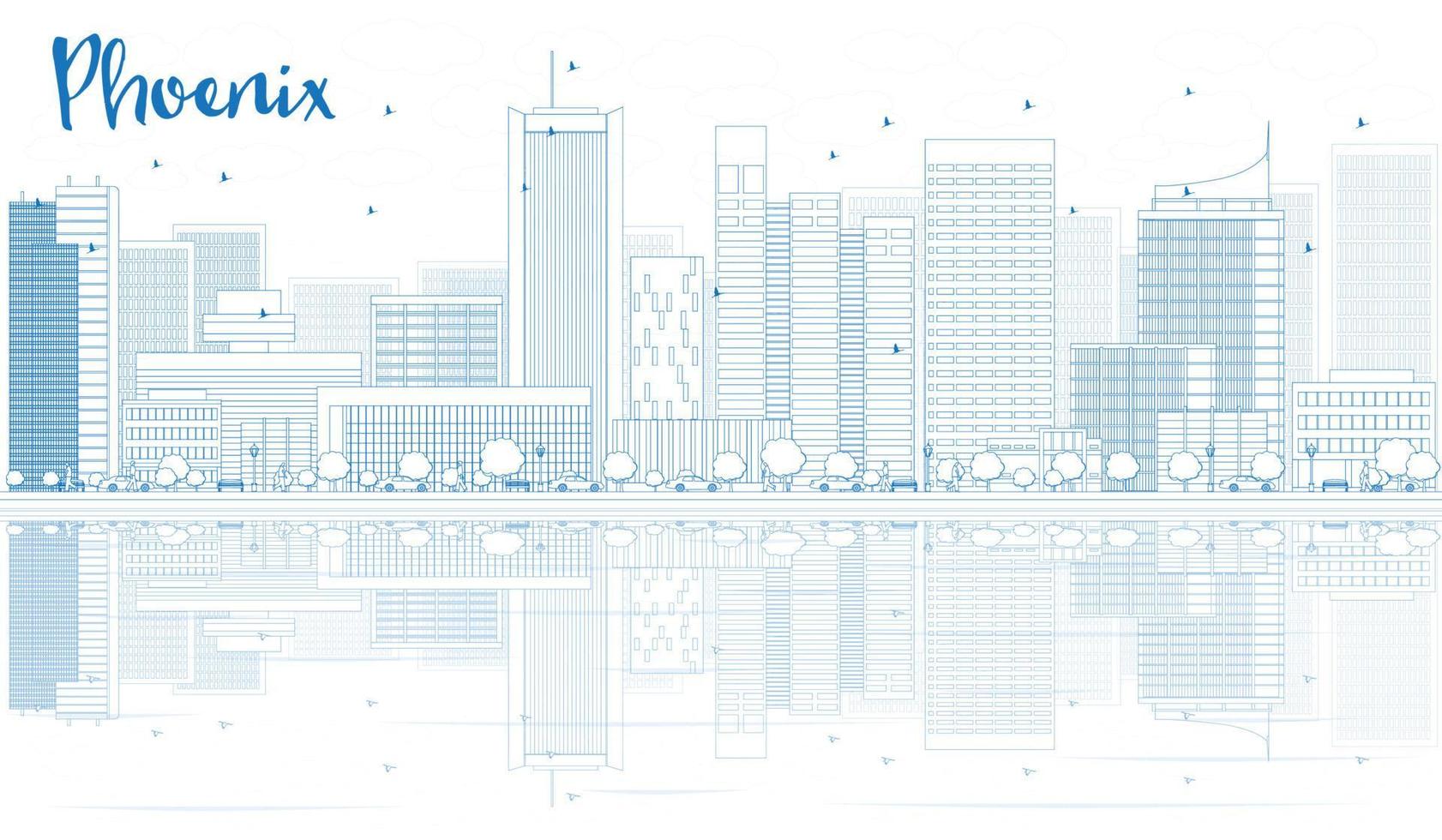 Outline Phoenix skyline with blue buildings and reflections. vector