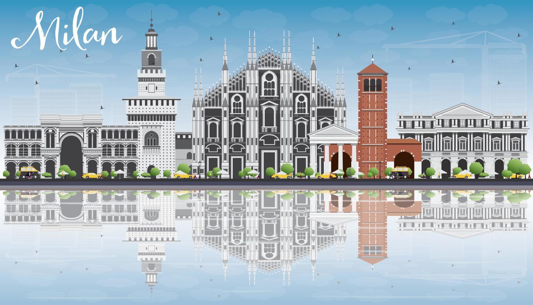 Milan Skyline with Gray Landmarks, Blue Sky and Reflections. vector