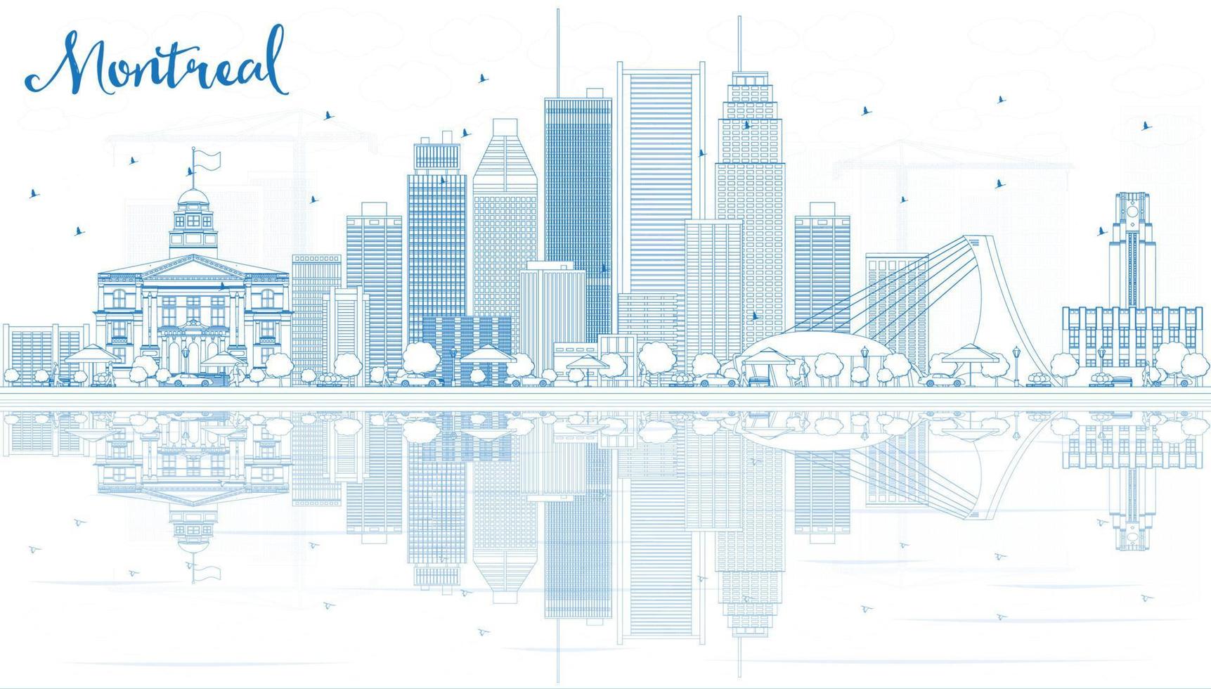 Outline Montreal skyline with Blue buildings and reflection. vector