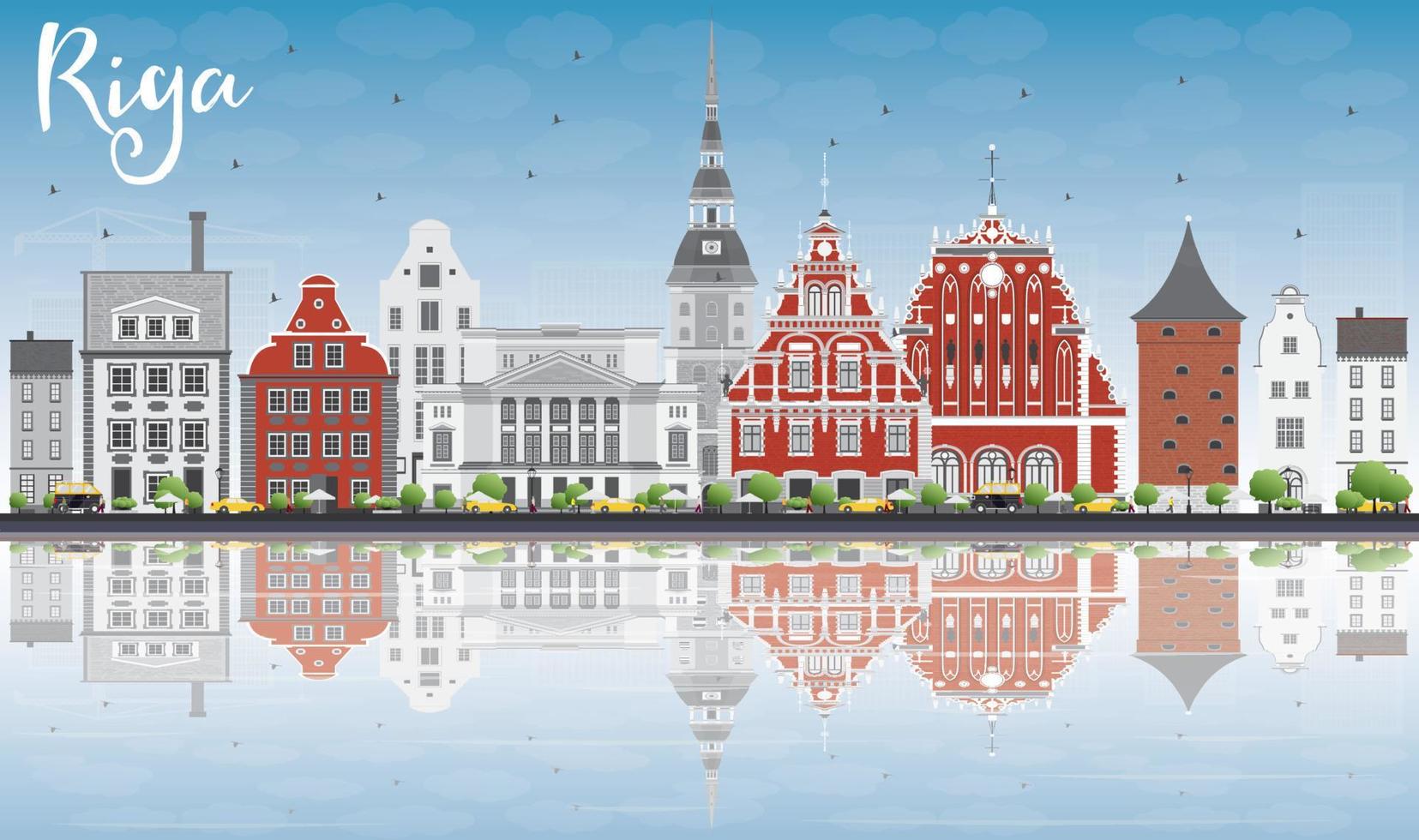 horizonte de riga con puntos de referencia, cielo azul y reflejos. vector