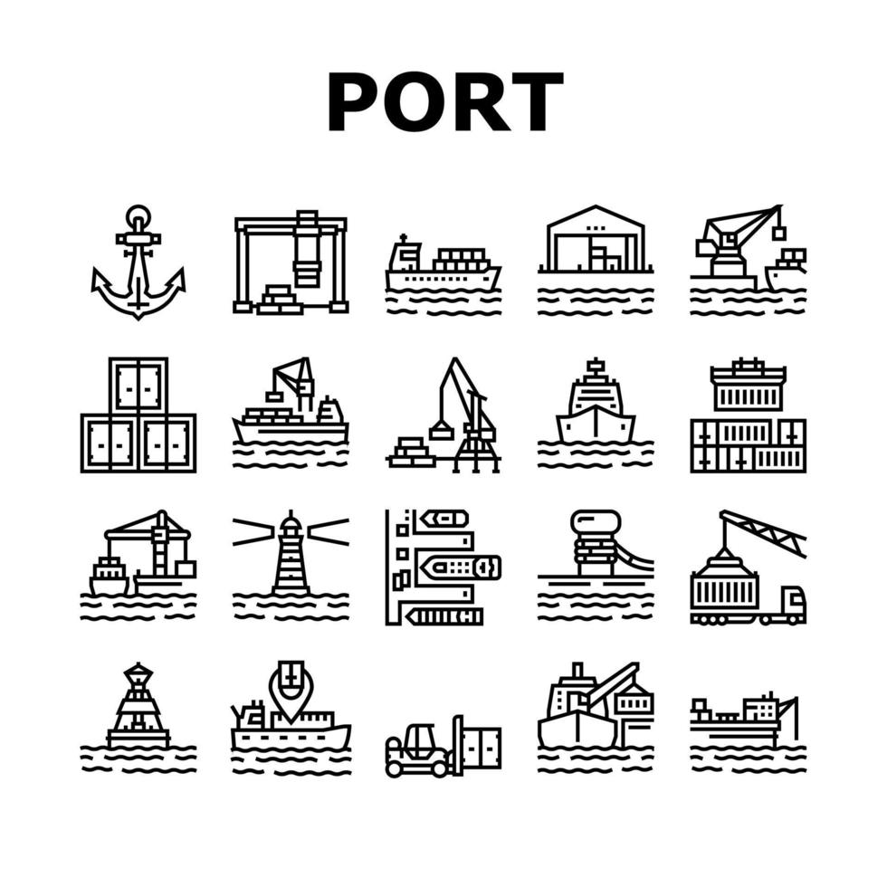 Container Port Tool Collection Icons Set Vector