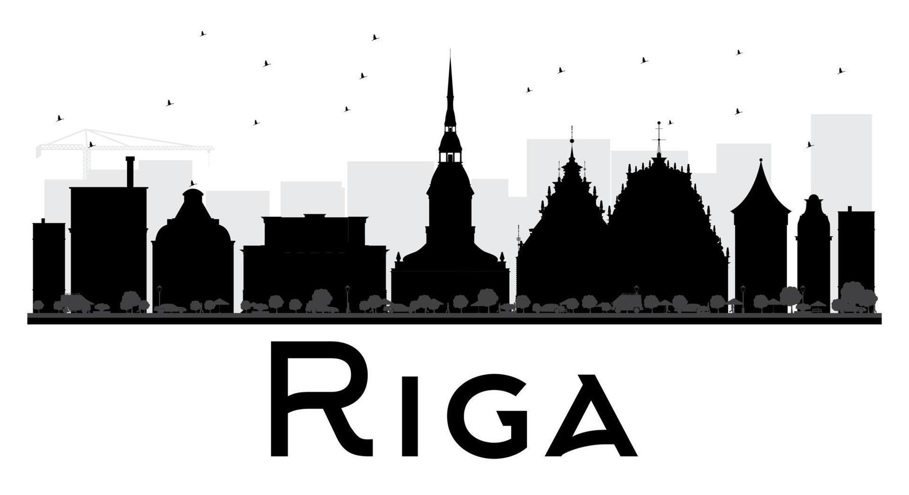 silueta en blanco y negro del horizonte de la ciudad de riga. vector