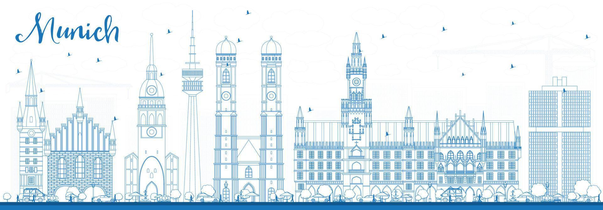 Outline Munich Skyline with Blue Buildings. vector