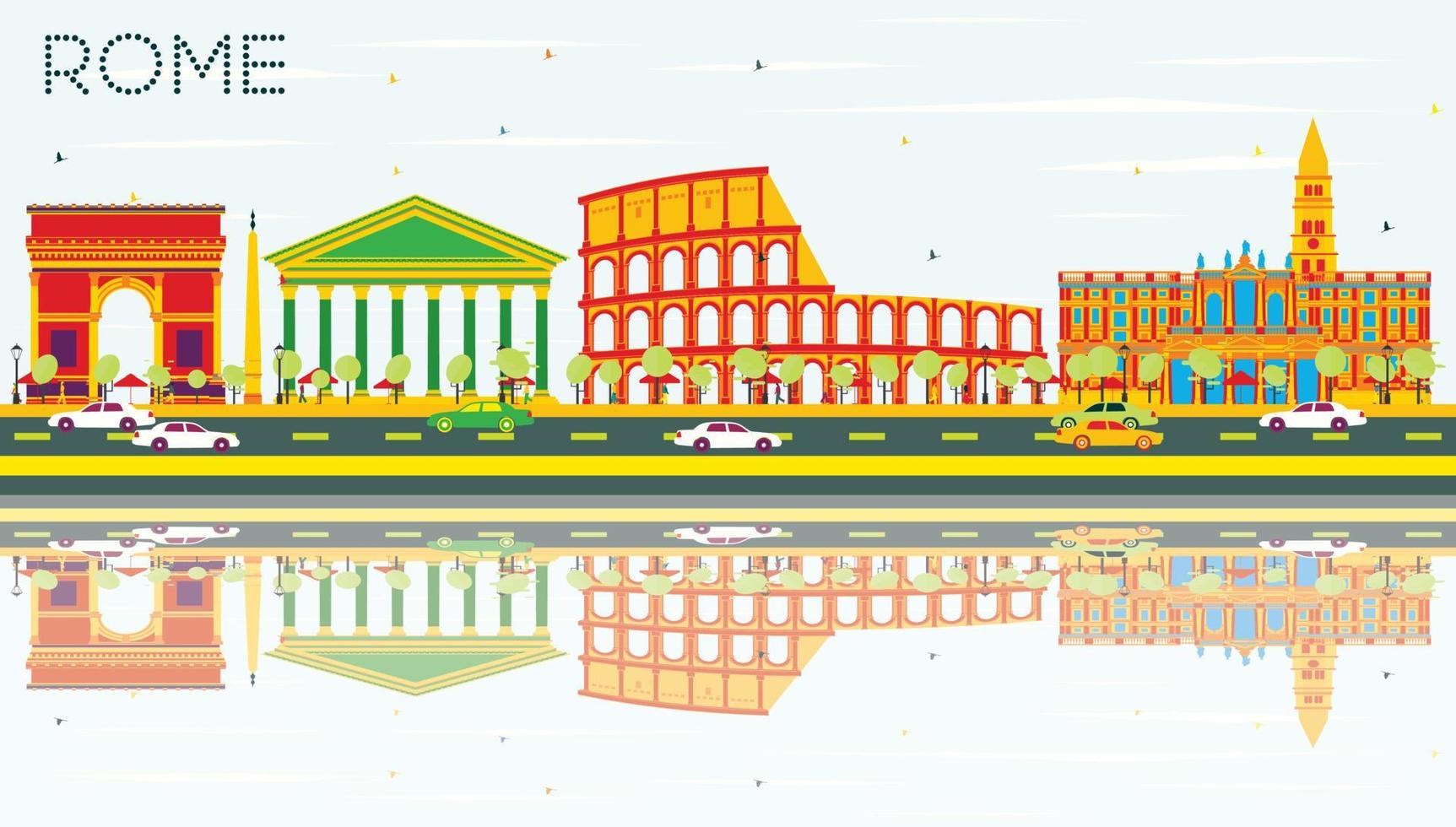 Rome Skyline with Color Buildings, Blue Sky and Reflections. vector