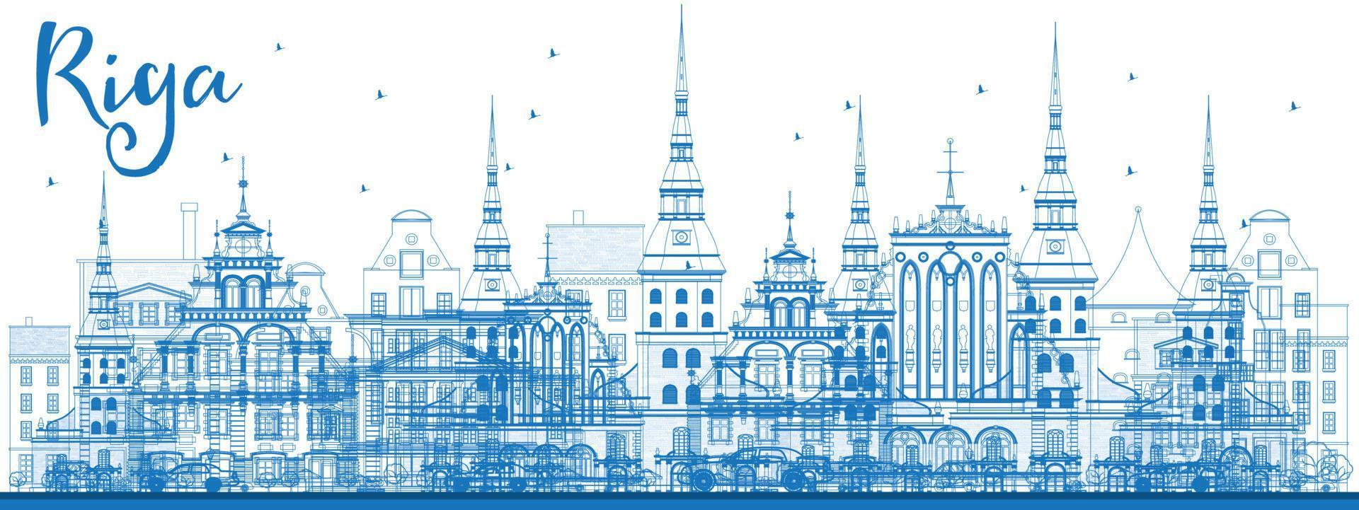 Outline Riga Skyline with Blue Landmarks. vector