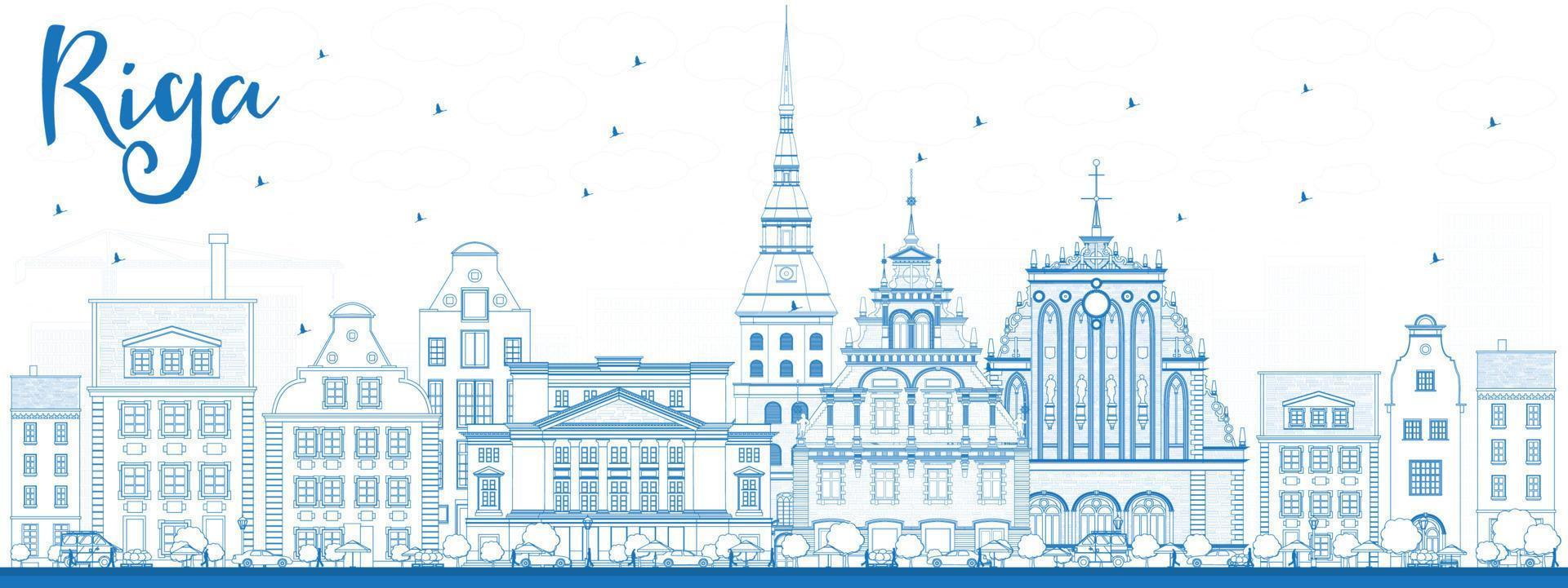 Outline Riga Skyline with Blue Landmarks. vector