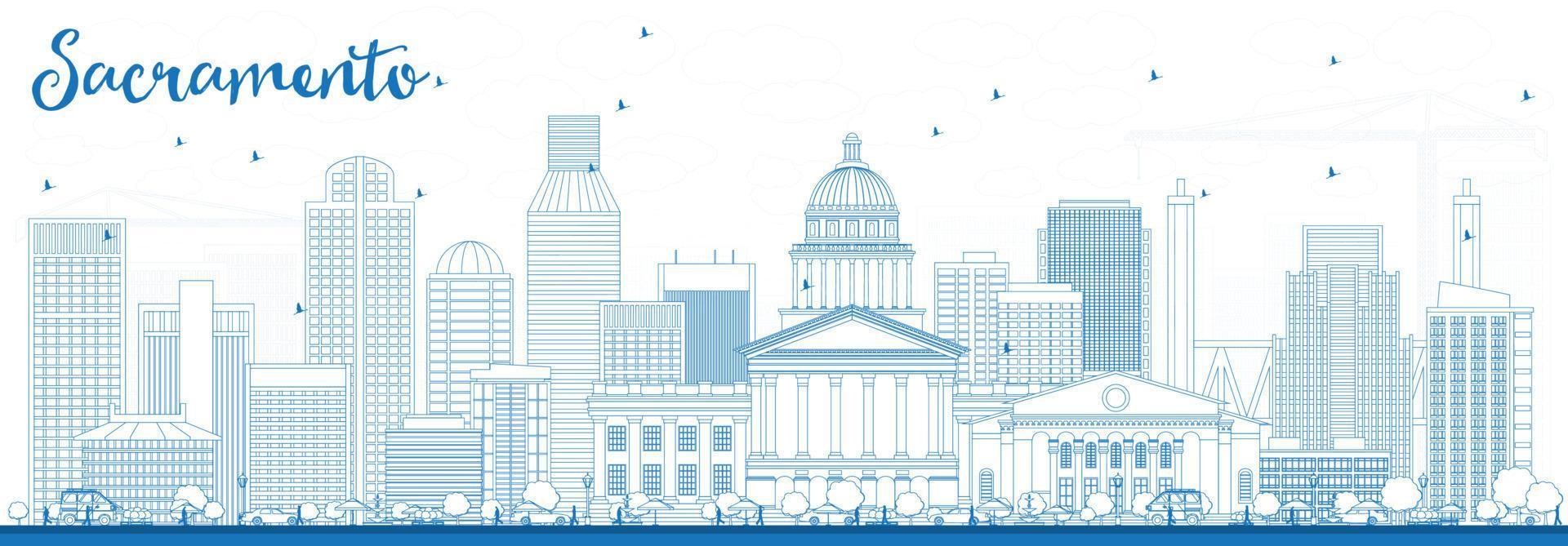 Outline Sacramento Skyline with Blue Buildings. vector