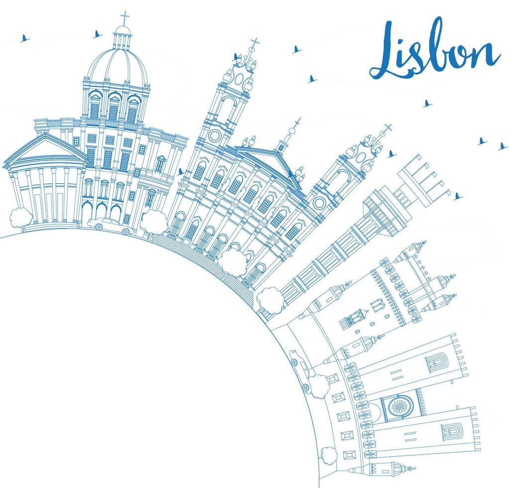 Outline Lisbon Skyline with Blue Buildings and Copy Space. vector