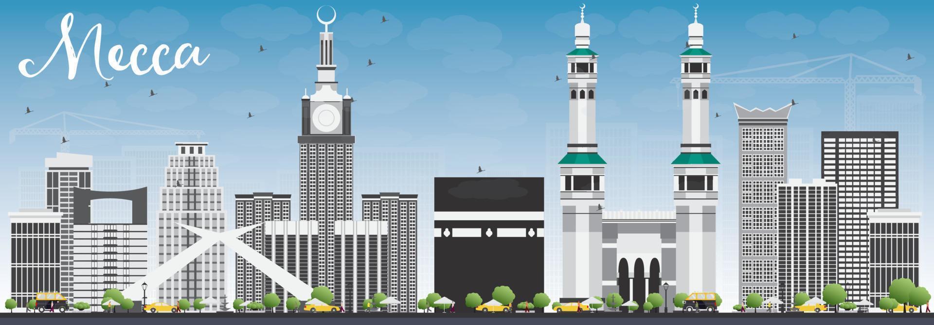 Mecca Skyline with Landmarks and Blue Sky. vector