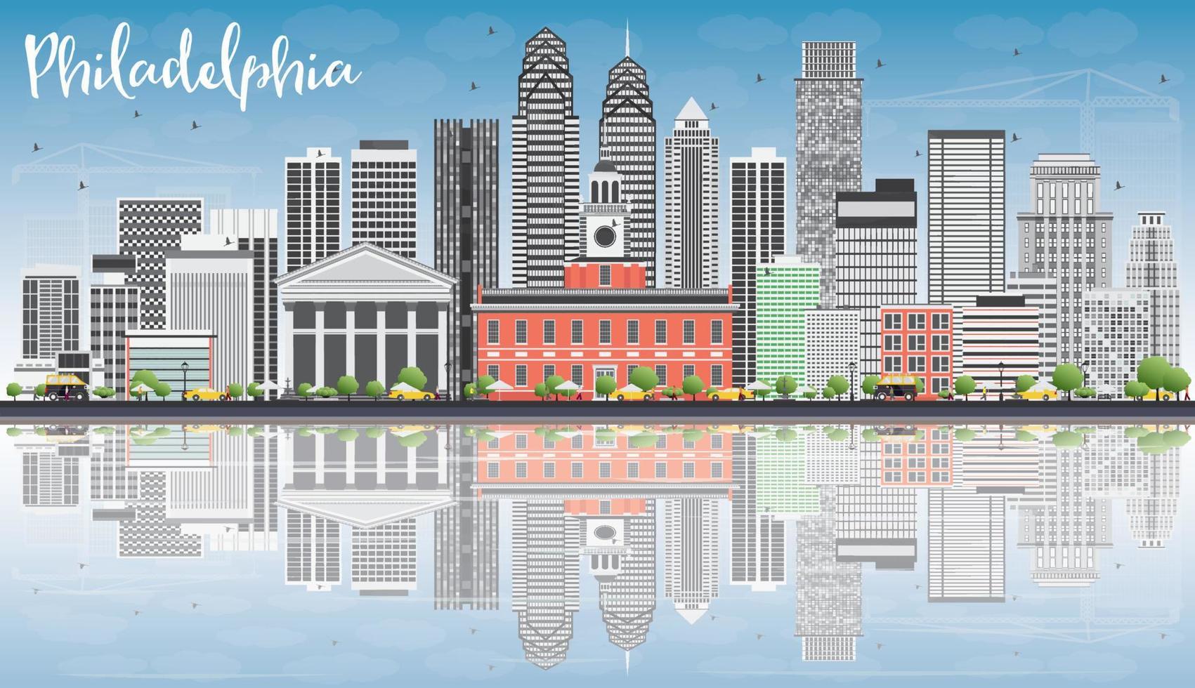 horizonte de filadelfia con edificios grises, cielo azul y reflejos. vector