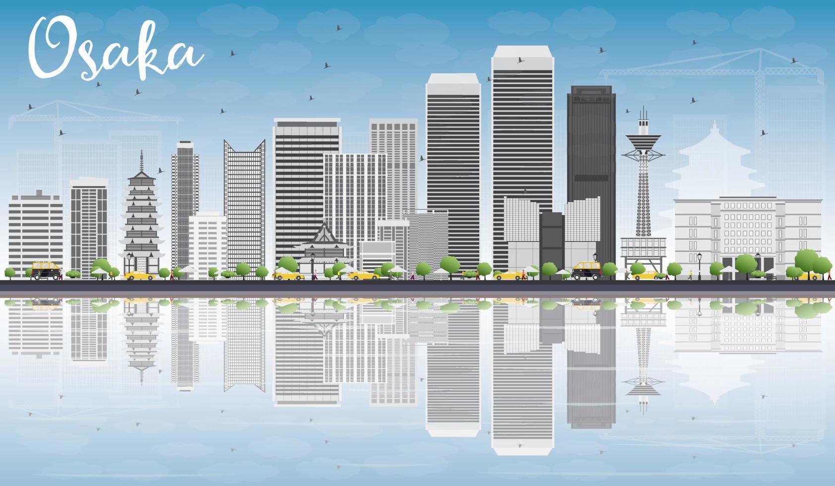 Osaka Skyline with Gray Buildings, Blue Sky and Reflections. vector