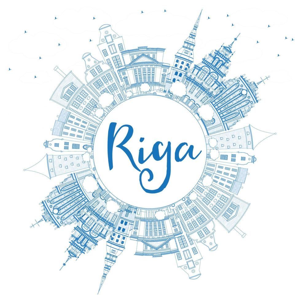 Outline Riga Skyline with Blue Landmarks and Copy Space. vector