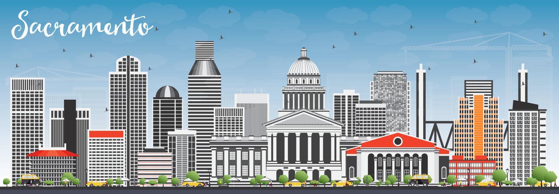 Sacramento Skyline with Gray Buildings and Blue Sky. vector