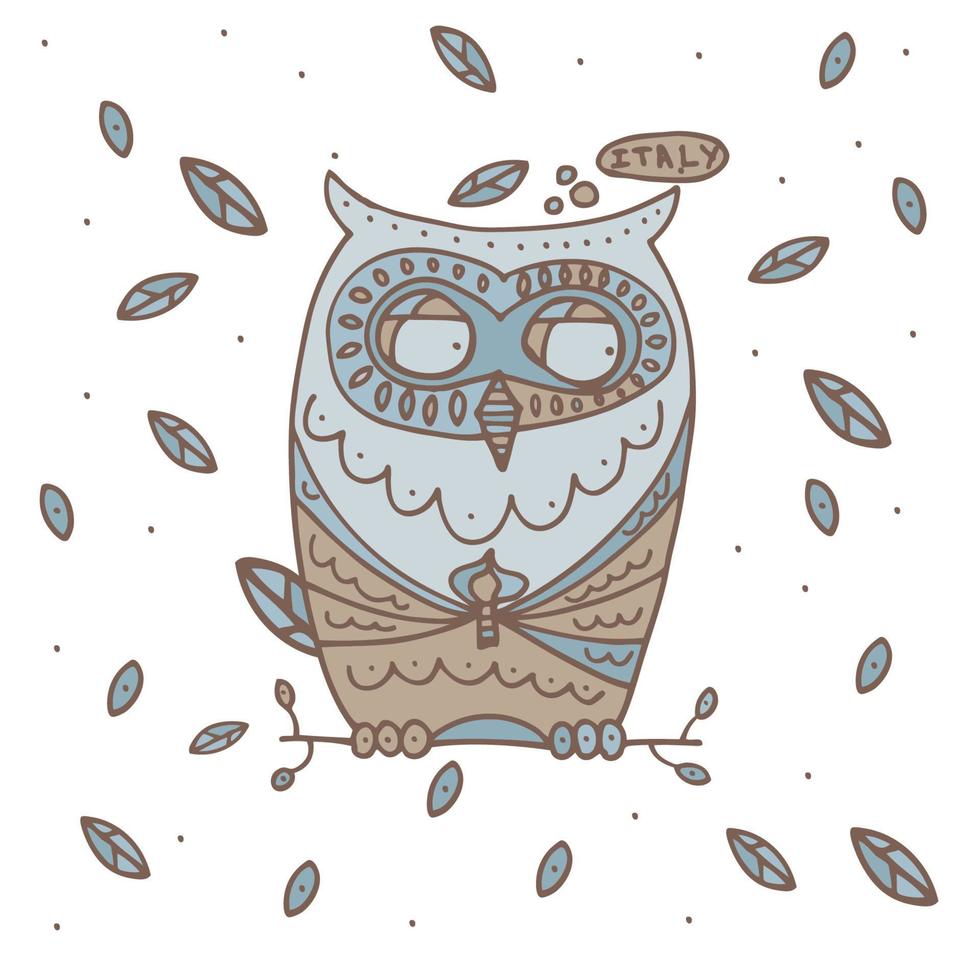 Hand drawn Owl with falling leaves. vector