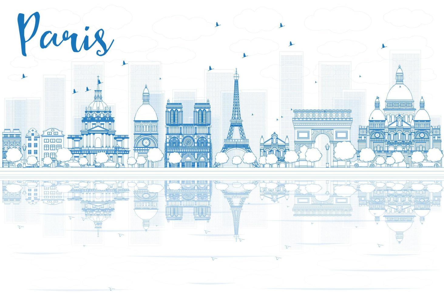Outline Paris skyline with blue buildings and reflections. vector