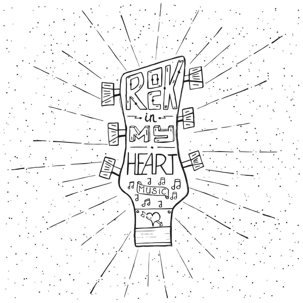 Rock music in my heart. Hand drawn lettering design with guitar head. vector
