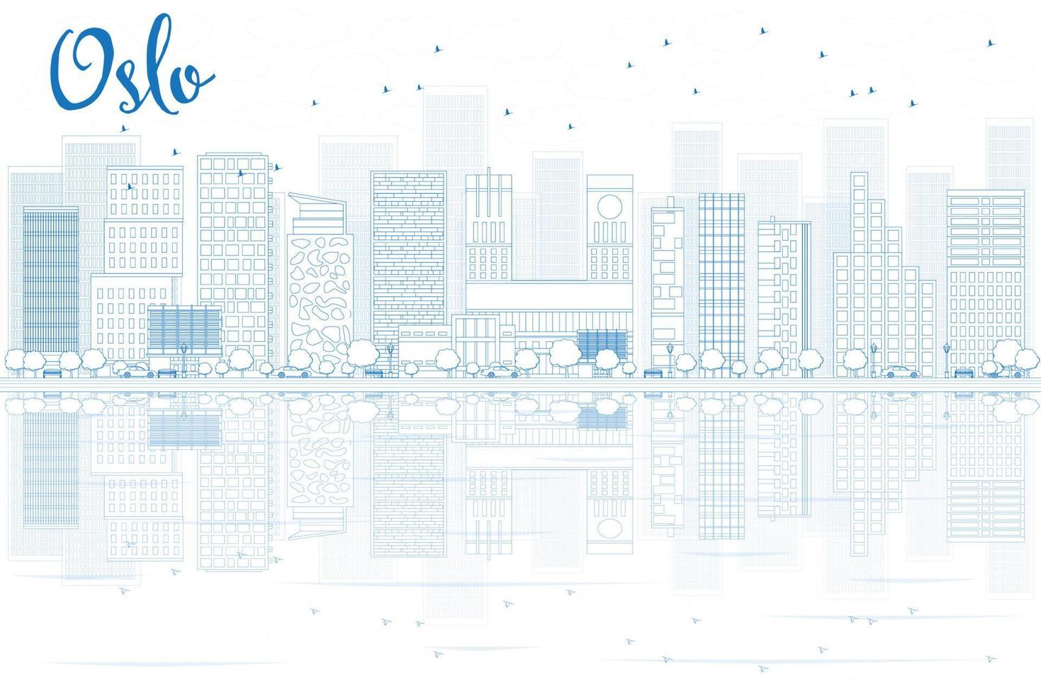Outline Oslo Skyline with Blue Buildings and reflections. vector