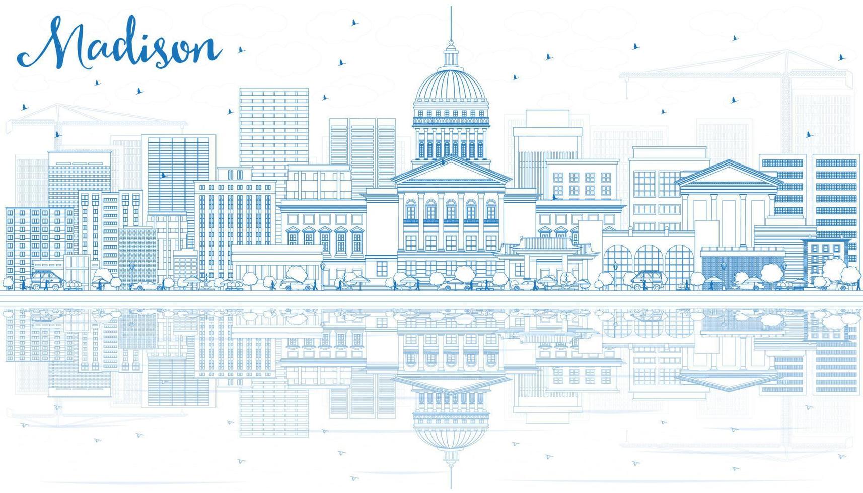 Outline Madison Skyline with Blue Buildings and Reflections. vector