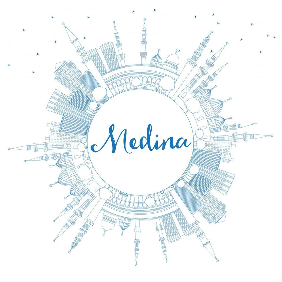 Outline Medina Skyline with Blue Buildings and Copy Space. vector