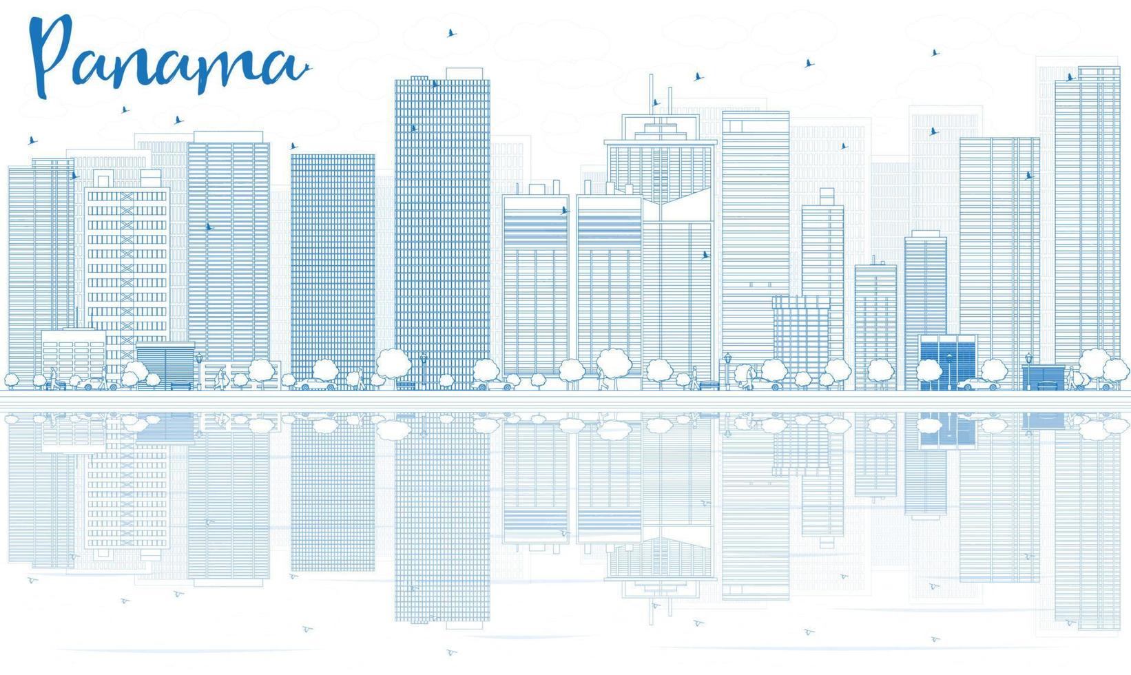 esboza el horizonte de panamá con edificios azules y reflejos. vector