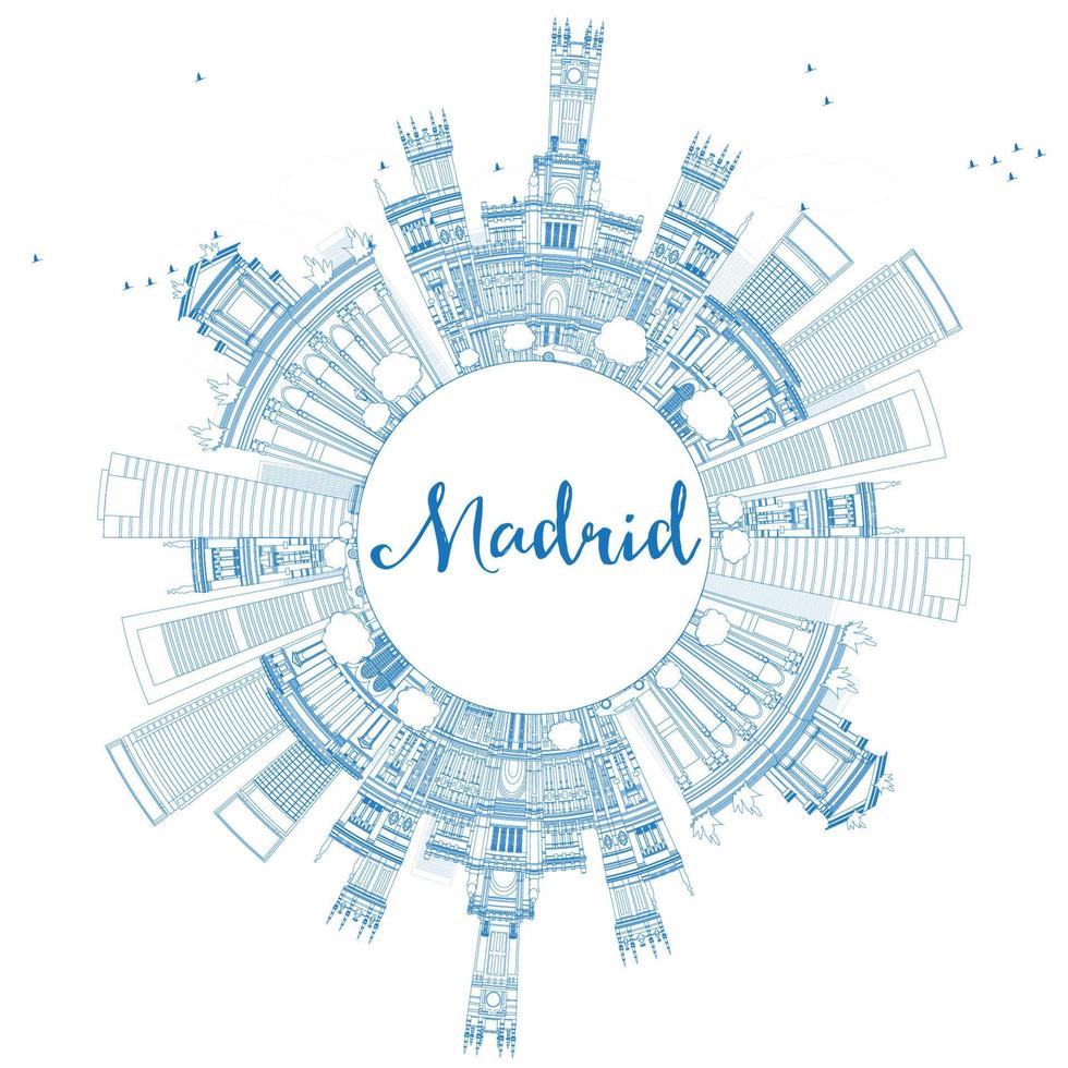 Outline Madrid Skyline with Blue Buildings and Copy Space. vector