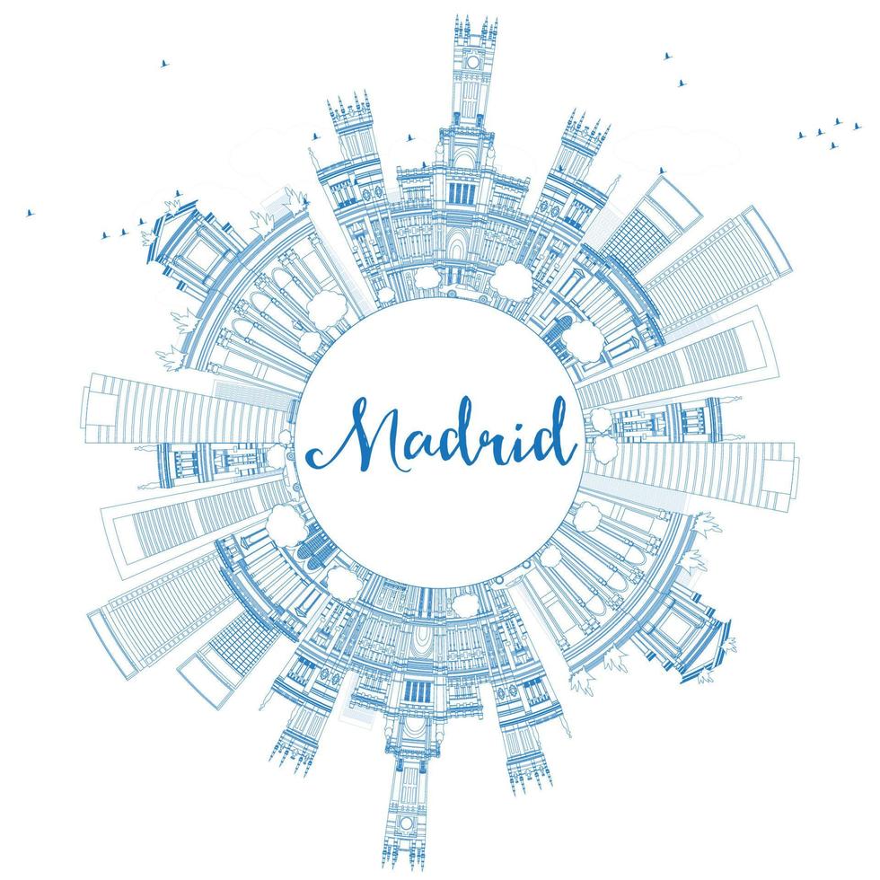 Outline Madrid Skyline with Blue Buildings and Copy Space. vector