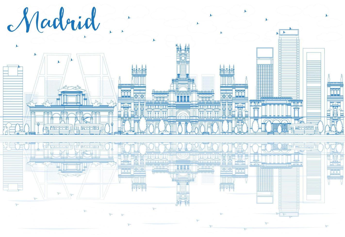 Outline Madrid Skyline with blue buildings reflections. vector