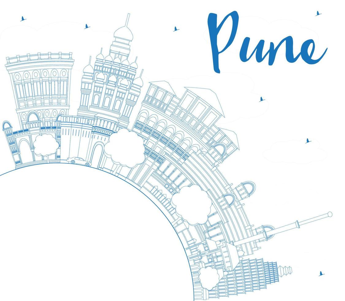 Outline Pune Skyline with Blue Buildings and Copy Space. vector