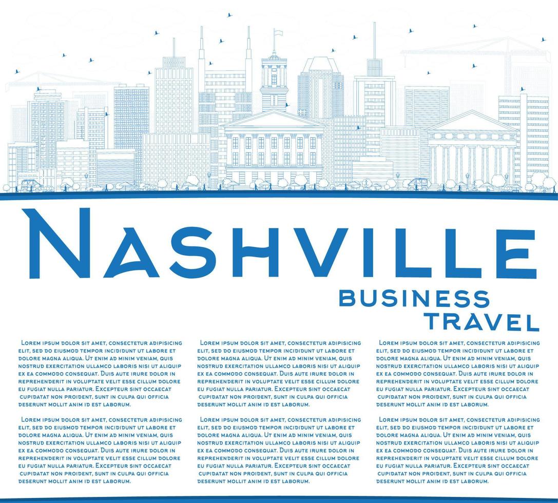 esbozar el horizonte de nashville con edificios azules y espacio de copia. vector