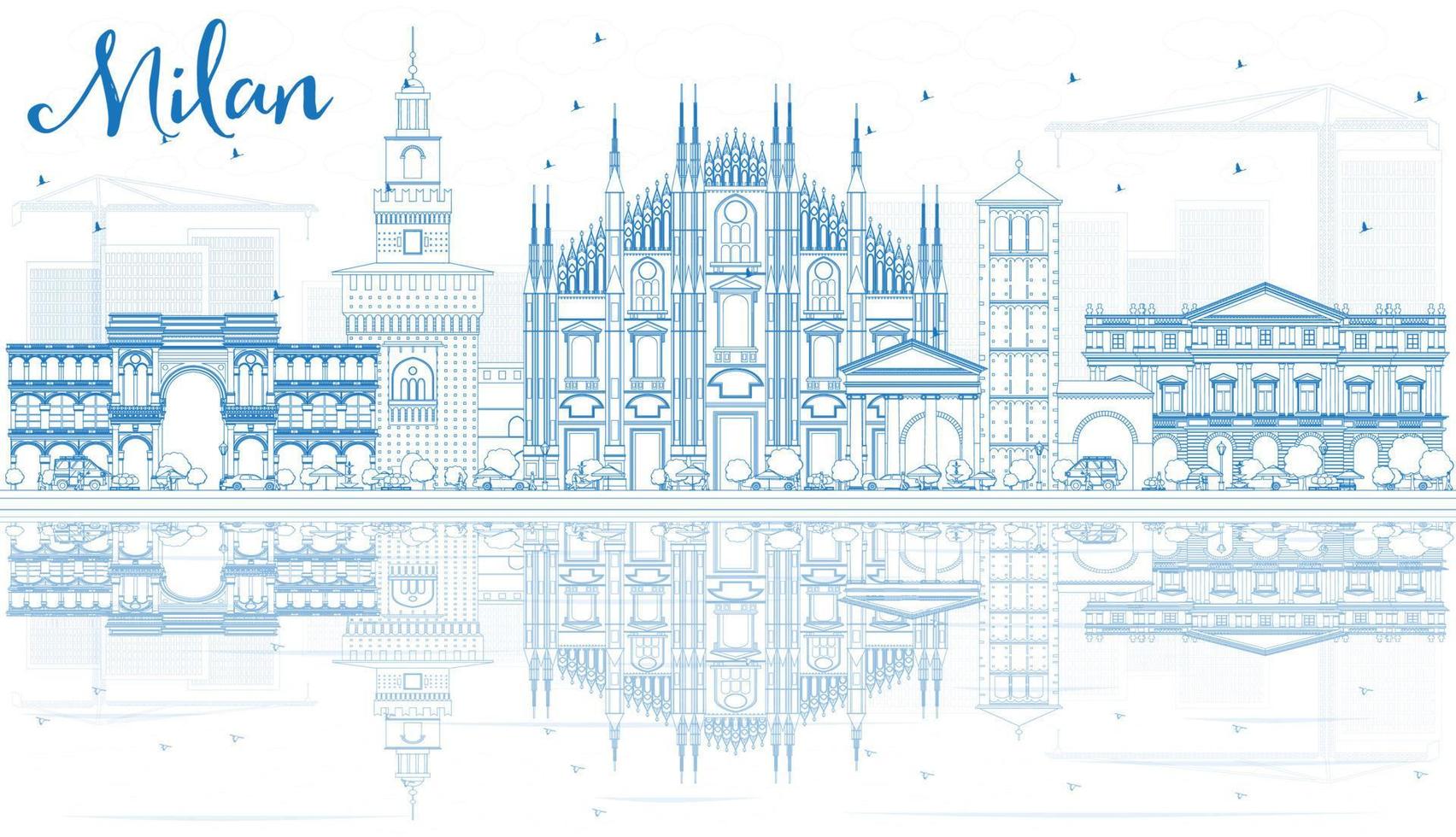 Outline Milan Skyline with Blue Landmarks and Reflections. vector