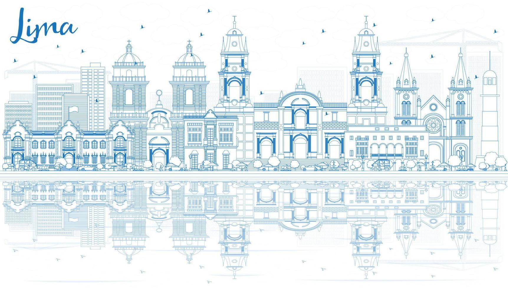 Outline Lima Skyline with Blue Buildings and Reflections. vector