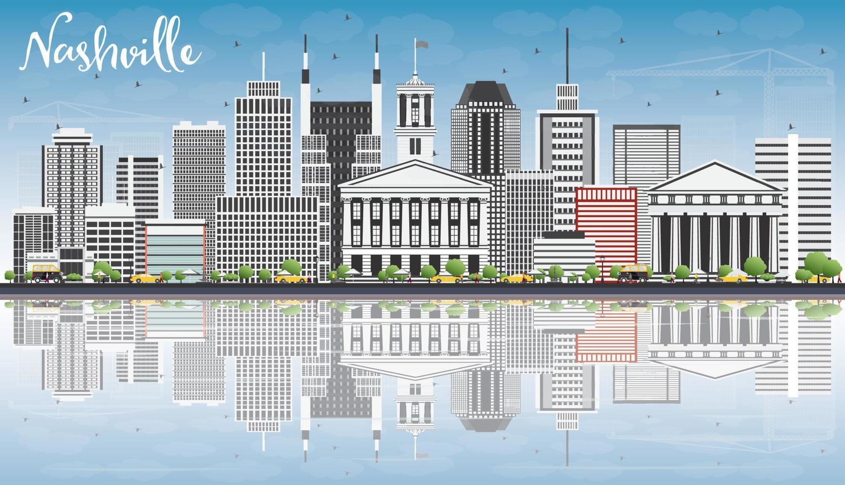 Nashville Skyline with Gray Buildings, Blue Sky and Reflections. vector